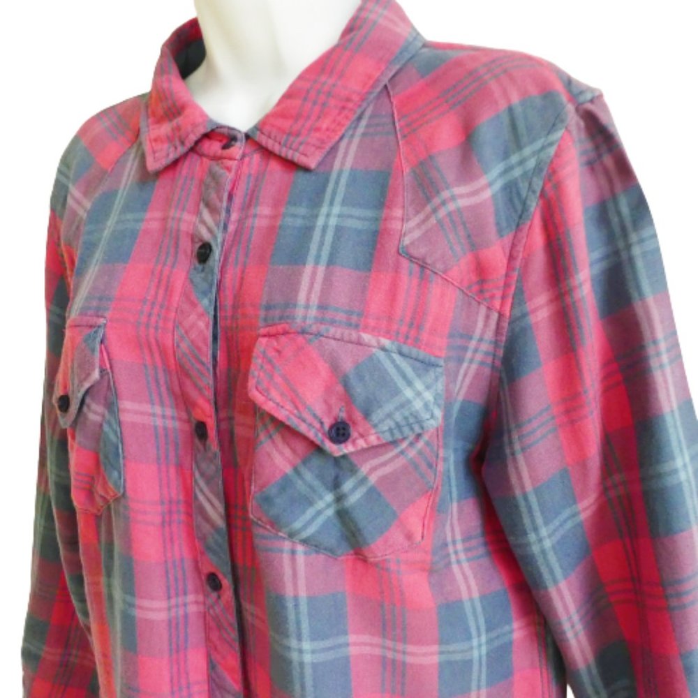Rails Plaid Button Front Flannel Shirt Pink Blue Southwest Western Shoulder M